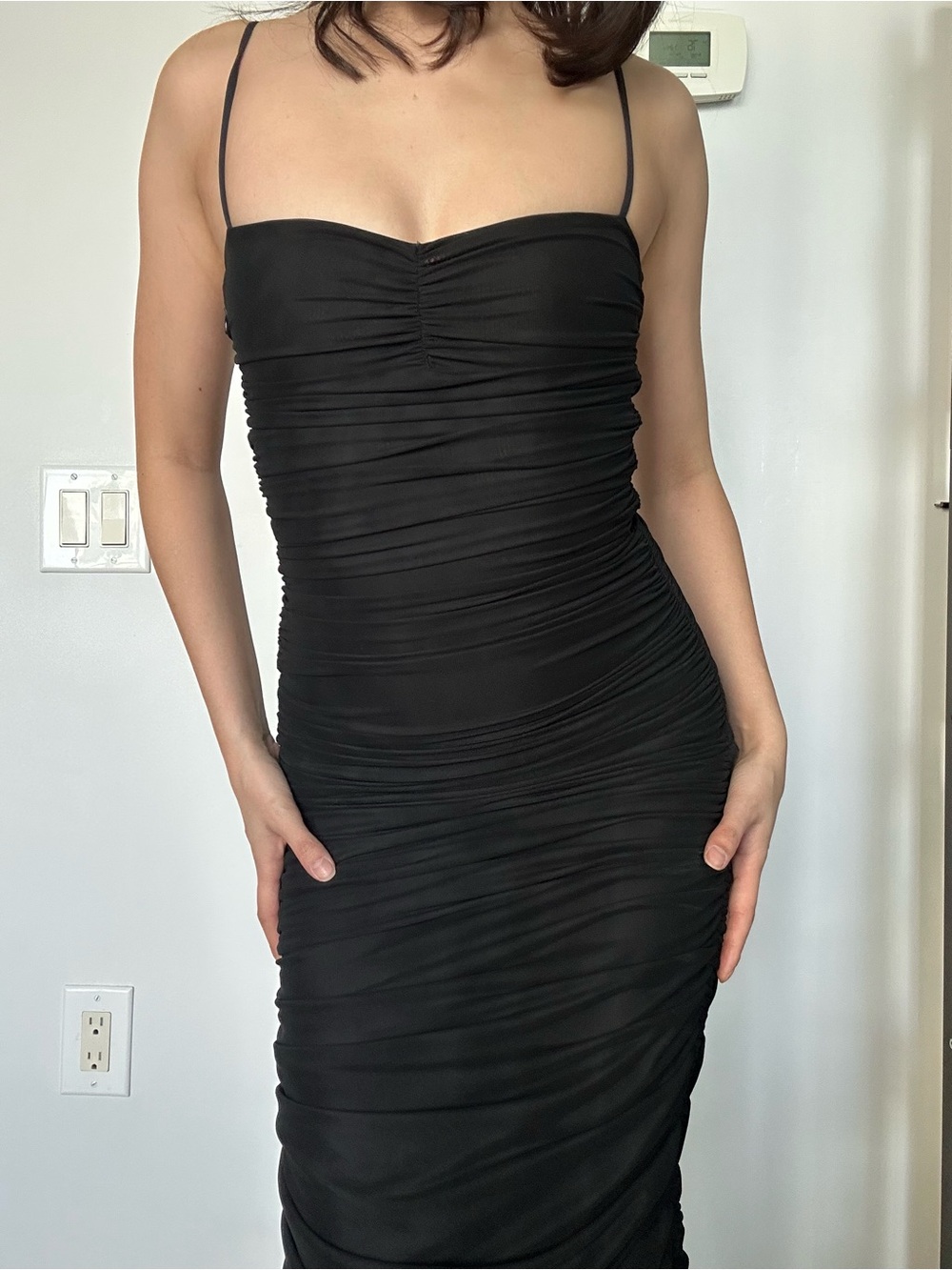 Wilfred Black Ruched Spaghetti-Strap Bodycon Midi Dress